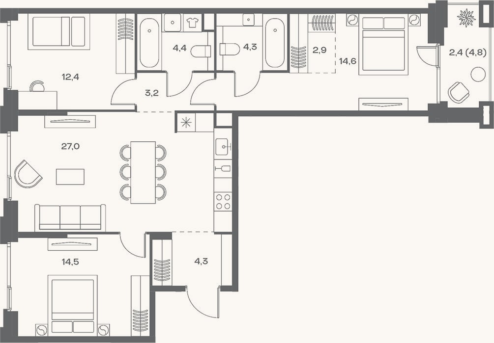 Планировка: 4+ к, 87,6 м²