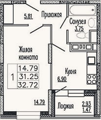 Планировка: 1-к, 32,5 м²