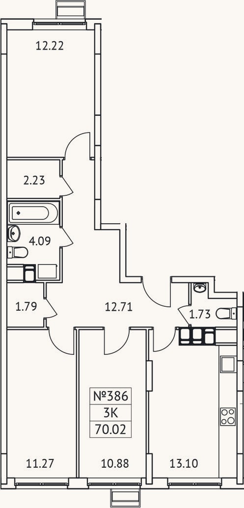 Планировка: 3-к, 70 м²