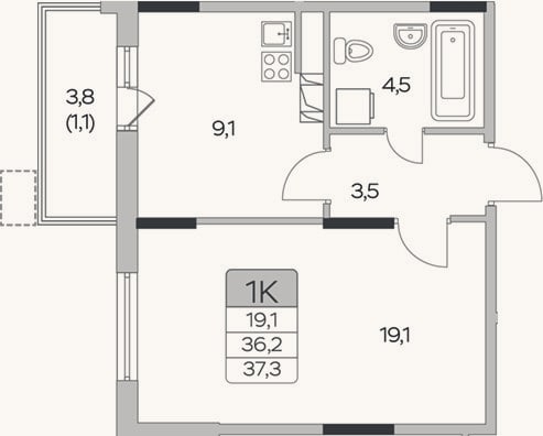 Планировка: 1-к, 36,2 м²