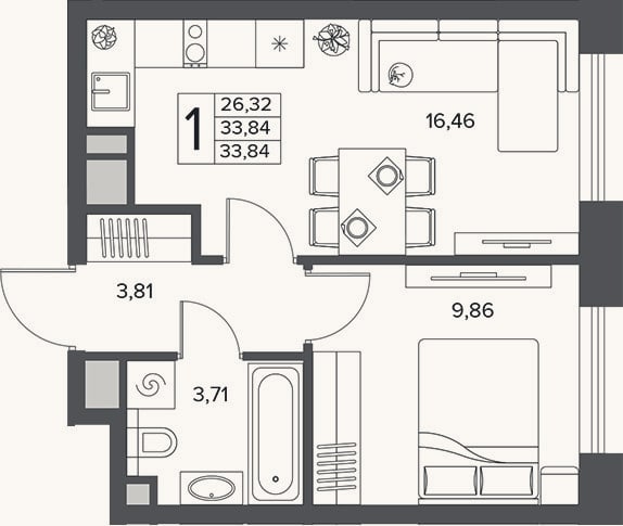 Планировка: 2-к, 33,8 м²