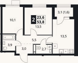 Планировка: 2-к, 52,2 м²