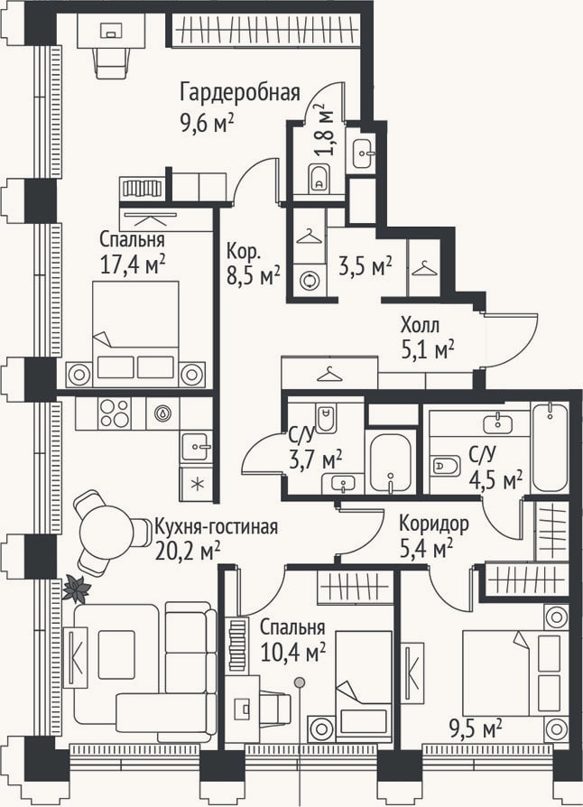 Планировка: 4+ к, 99,6 м²