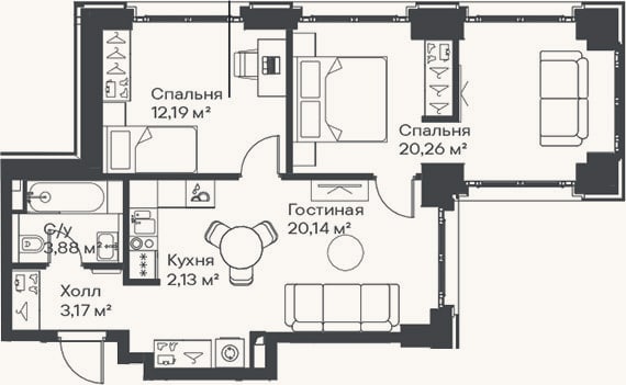 Планировка: 3-к, 61,8 м²