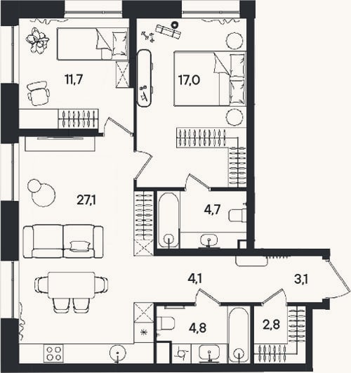 Планировка: 3-к, 75,3 м²