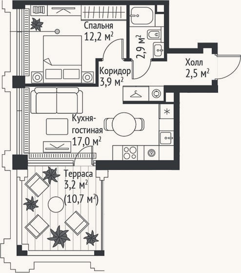 Планировка: 2-к, 38,5 м²