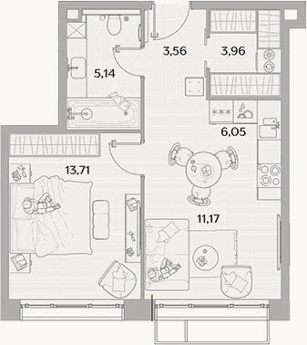 Планировка: 2-к, 43,6 м²