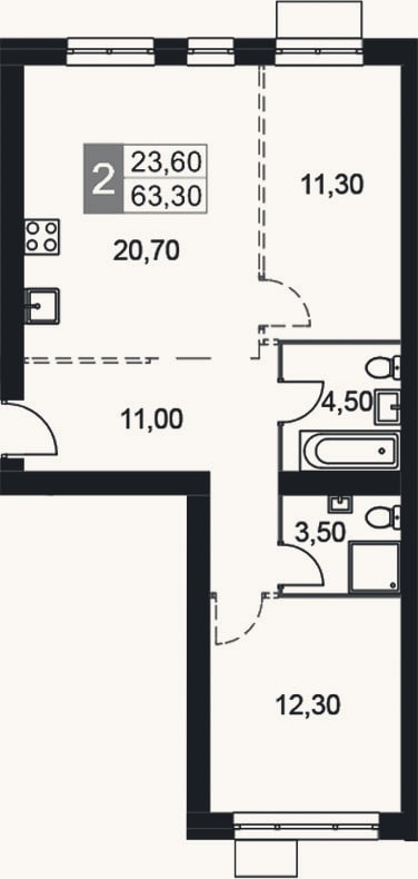 Планировка: 2-к, 63,3 м²