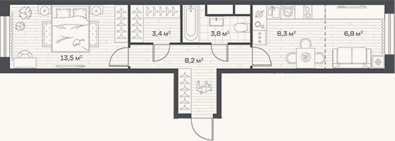 Планировка: 2-к, 44 м²
