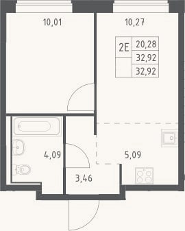 Планировка: 2-к, 32,9 м²