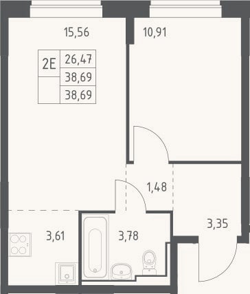 Планировка: 2-к, 38,7 м²