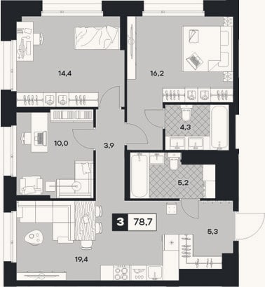 Планировка: 3-к, 78,7 м²