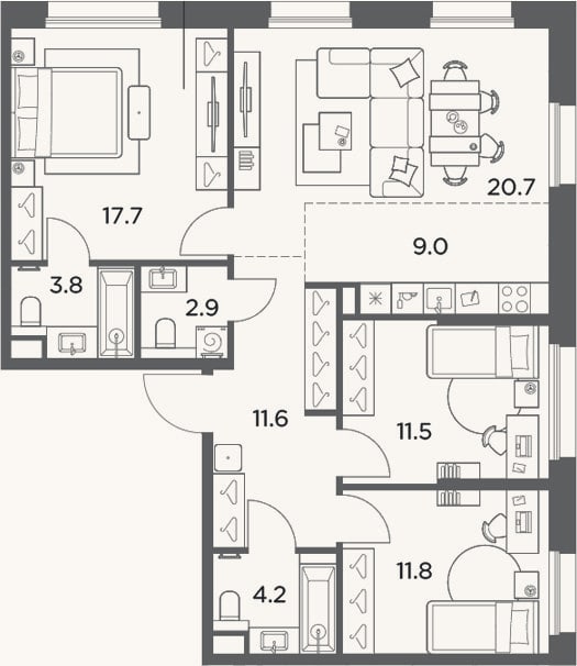 Планировка: 4+ к, 93,2 м²