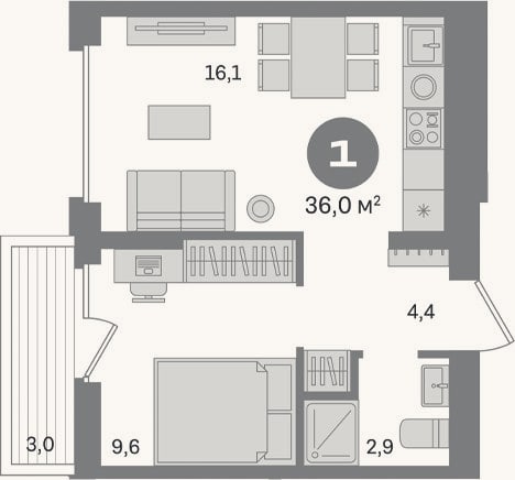 Планировка: 1-к, 33 м²