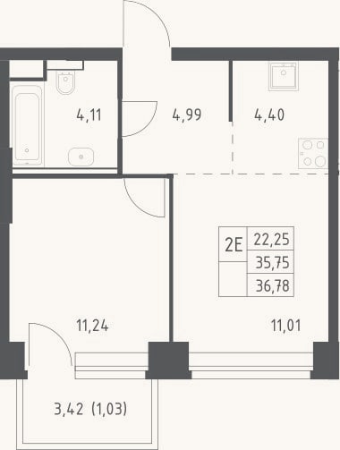 Планировка: 2-к, 35,8 м²