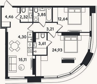 Планировка: 3-к, 74,4 м²