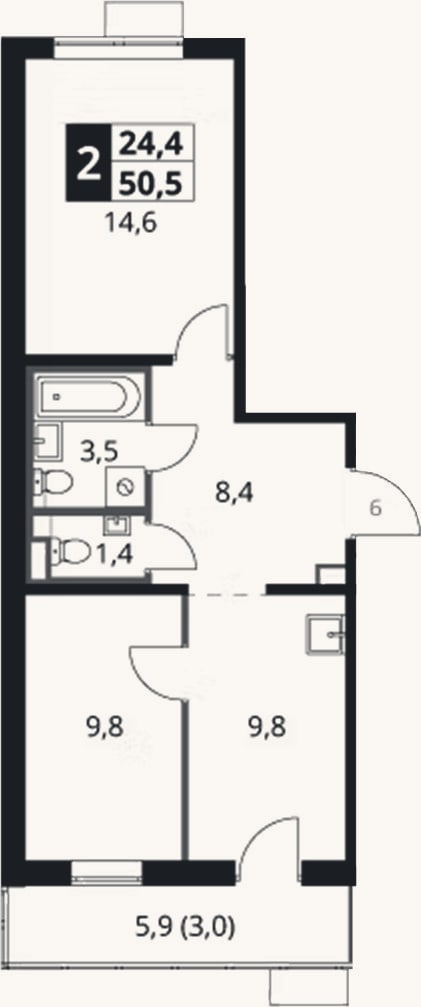 Планировка: 2-к, 47,5 м²