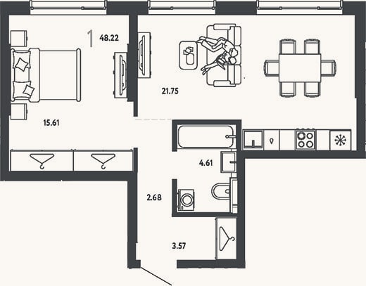 Планировка: 1-к, 48,2 м²