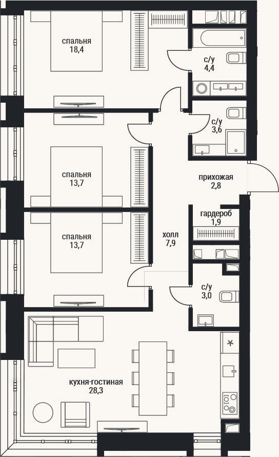 Планировка: 4+ к, 97,7 м²