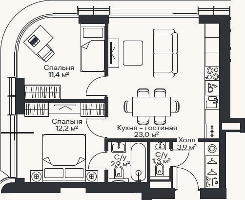 Планировка: 3-к, 53,4 м²