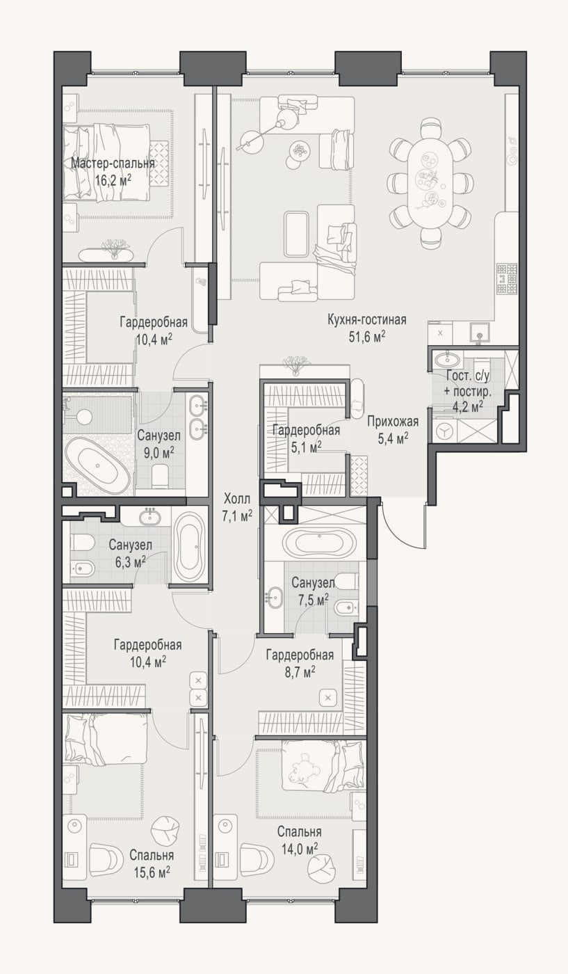 Планировка: 4+ к, 172,8 м²