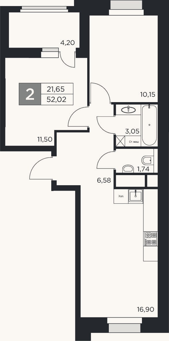Планировка: 3-к, 49,9 м²