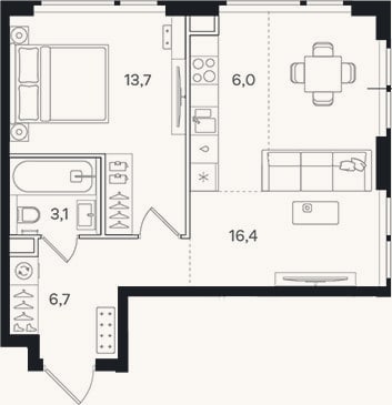 Планировка: 2-к, 45,9 м²