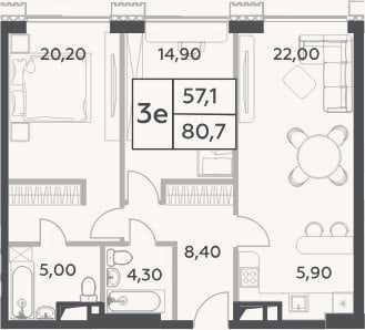 Планировка: 3-к, 80,7 м²