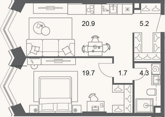 Планировка: 2-к, 51,8 м²