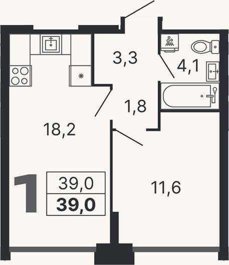 Планировка: 1-к, 39 м²