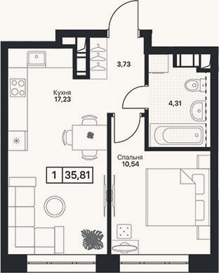 Планировка: 1-к, 35,8 м²