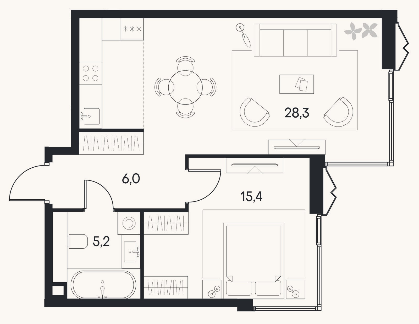 Планировка: 2-к, 54,9 м²