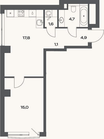 Планировка: 2-к, 45,1 м²