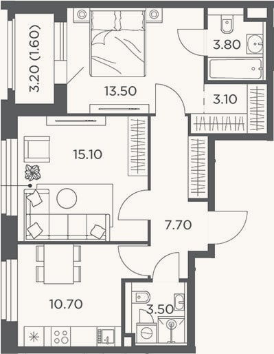 Планировка: 2-к, 57,4 м²