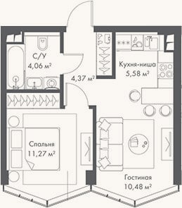 Планировка: 2-к, 35,8 м²