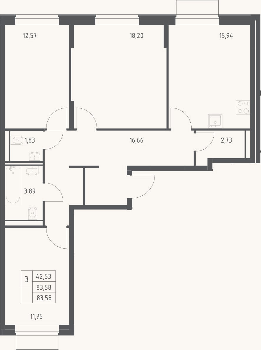 Планировка: 3-к, 83,6 м²