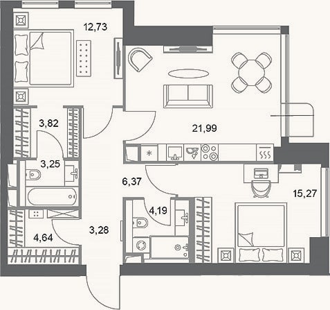 Планировка: 2-к, 75,5 м²