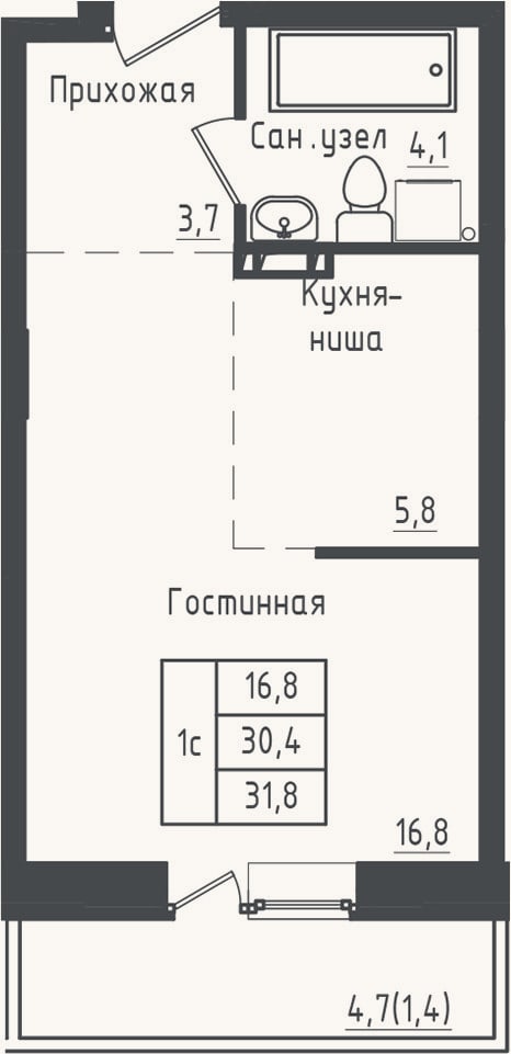 Планировка: Студия, 30,4 м²