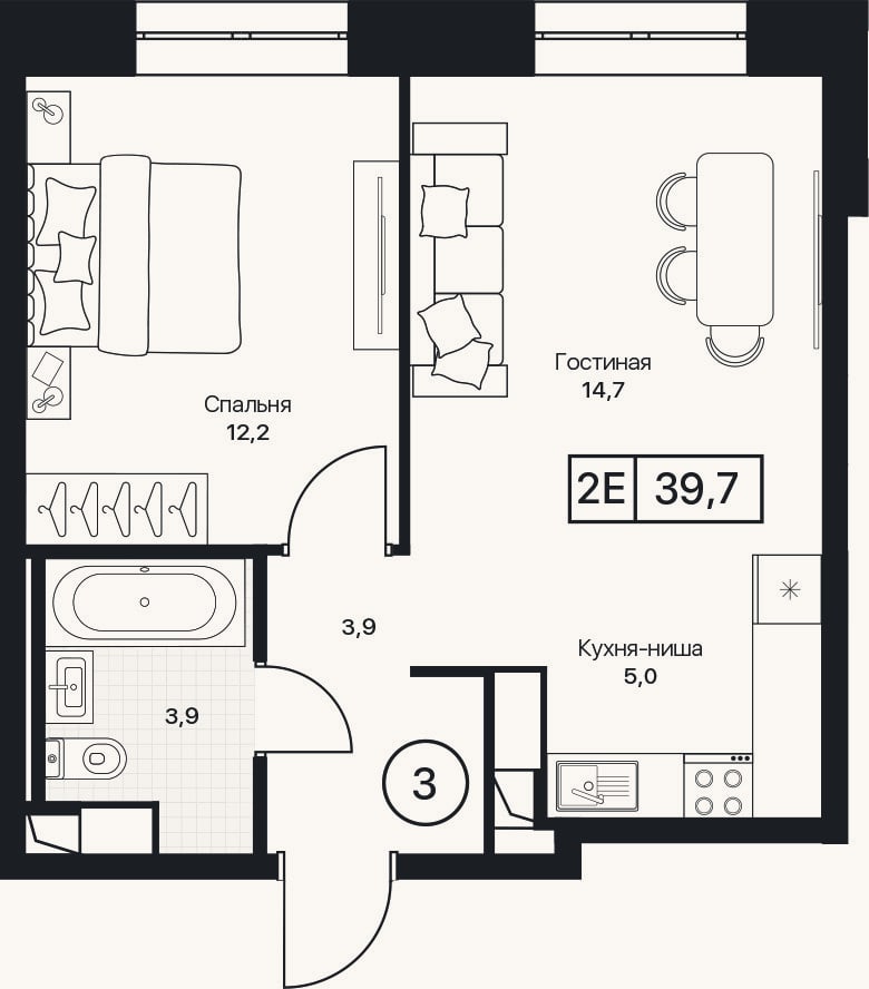 Планировка: 2-к, 39,7 м²