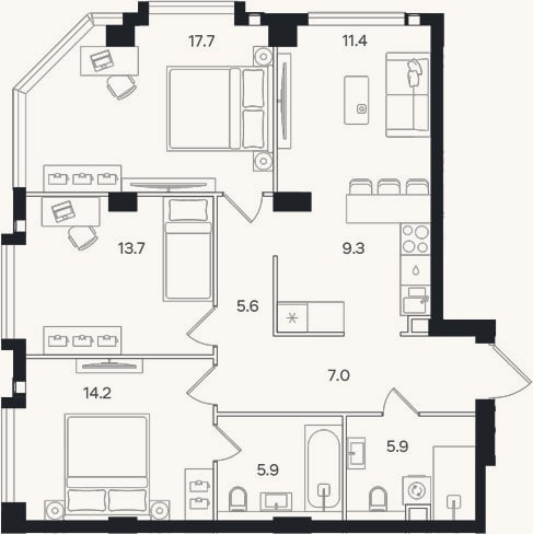 Планировка: 4+ к, 90,7 м²