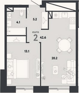 Планировка: 2-к, 42,6 м²
