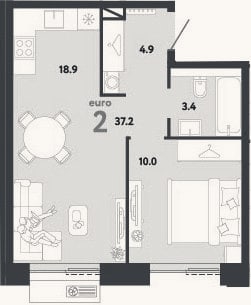 Планировка: 2-к, 37,2 м²