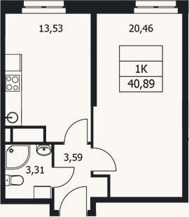 Планировка: 1-к, 40,9 м²