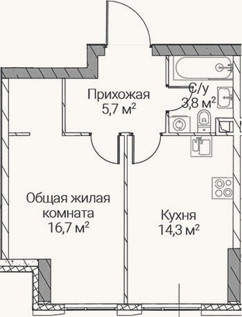 Планировка: 1-к, 40,5 м²