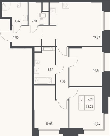 Планировка: 3-к, 72,3 м²