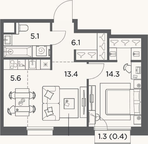 Планировка: 1-к, 44,5 м²