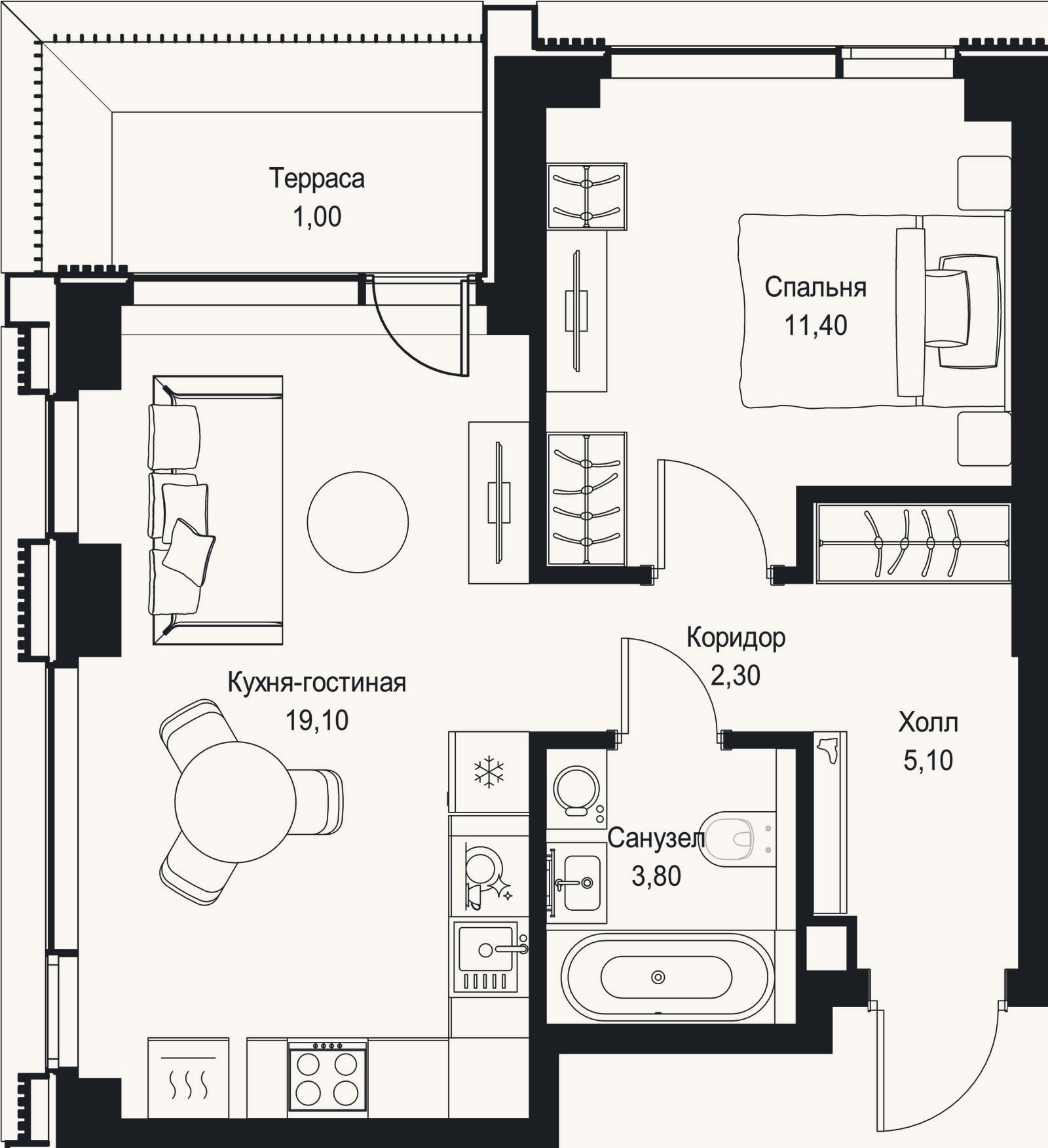 Планировка: 2-к, 41,7 м²