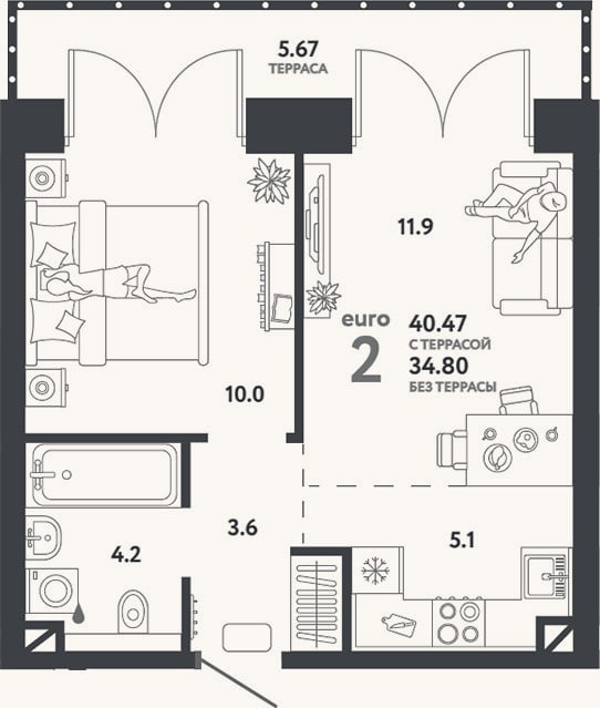 Планировка: 2-к, 34,8 м²