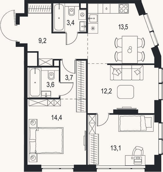 Планировка: 3-к, 73,1 м²