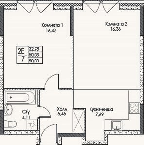 Планировка: 2-к, 50 м²